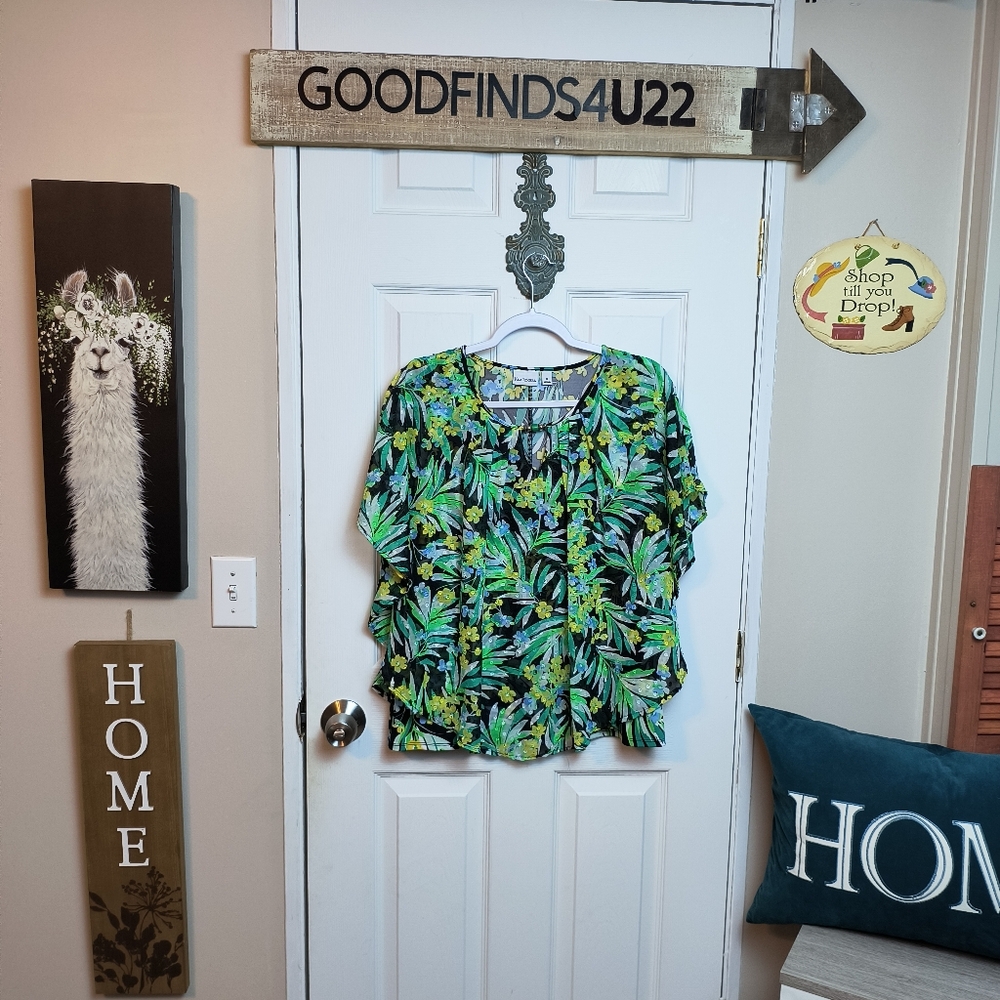 Kim Rogers Womens Blouse Tropical Print Batwing Sleeve Stretch Top M